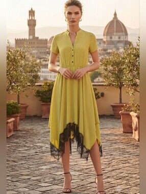 Rinascimento Yellow Asymmetrical Dress with Black Lace Hem large